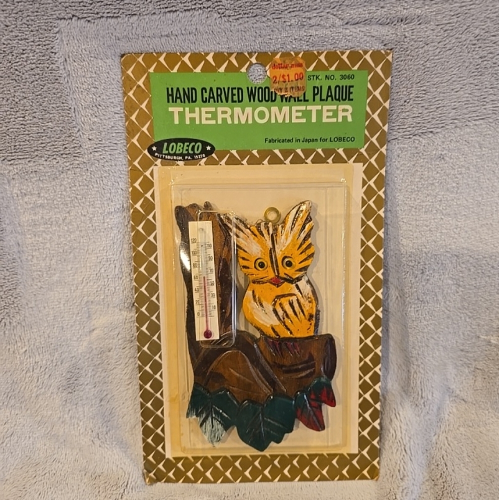 Vintage Hand‎ Carved Wood Wall Plaque Owl Thermometer